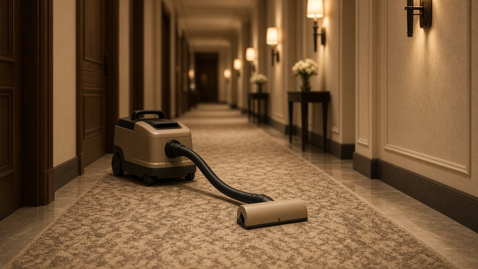 Professional carpet cleaning equipment in a hotel corridor with a patterned runner