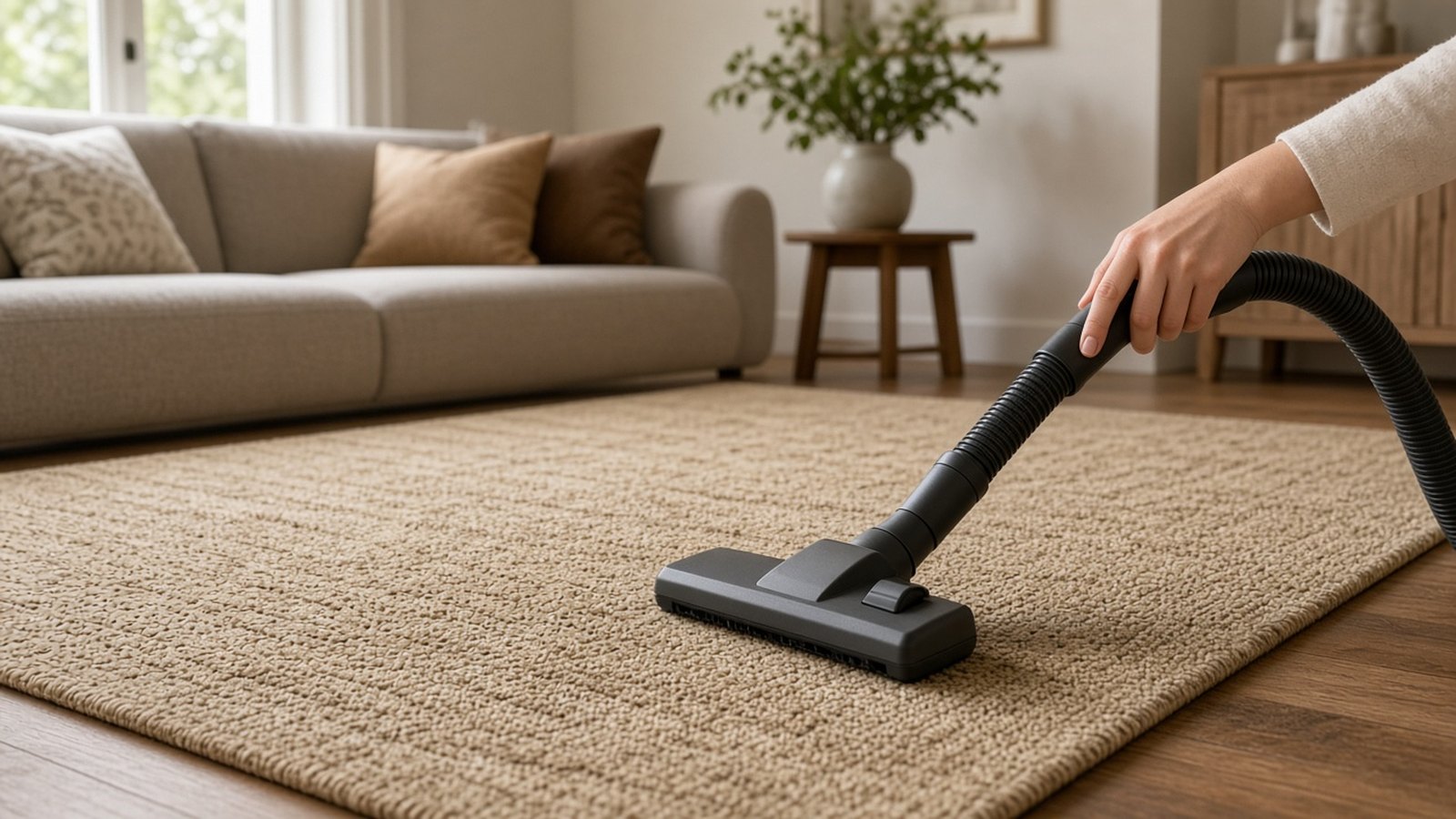 Gentle vacuuming of a beige wool carpet in a living room