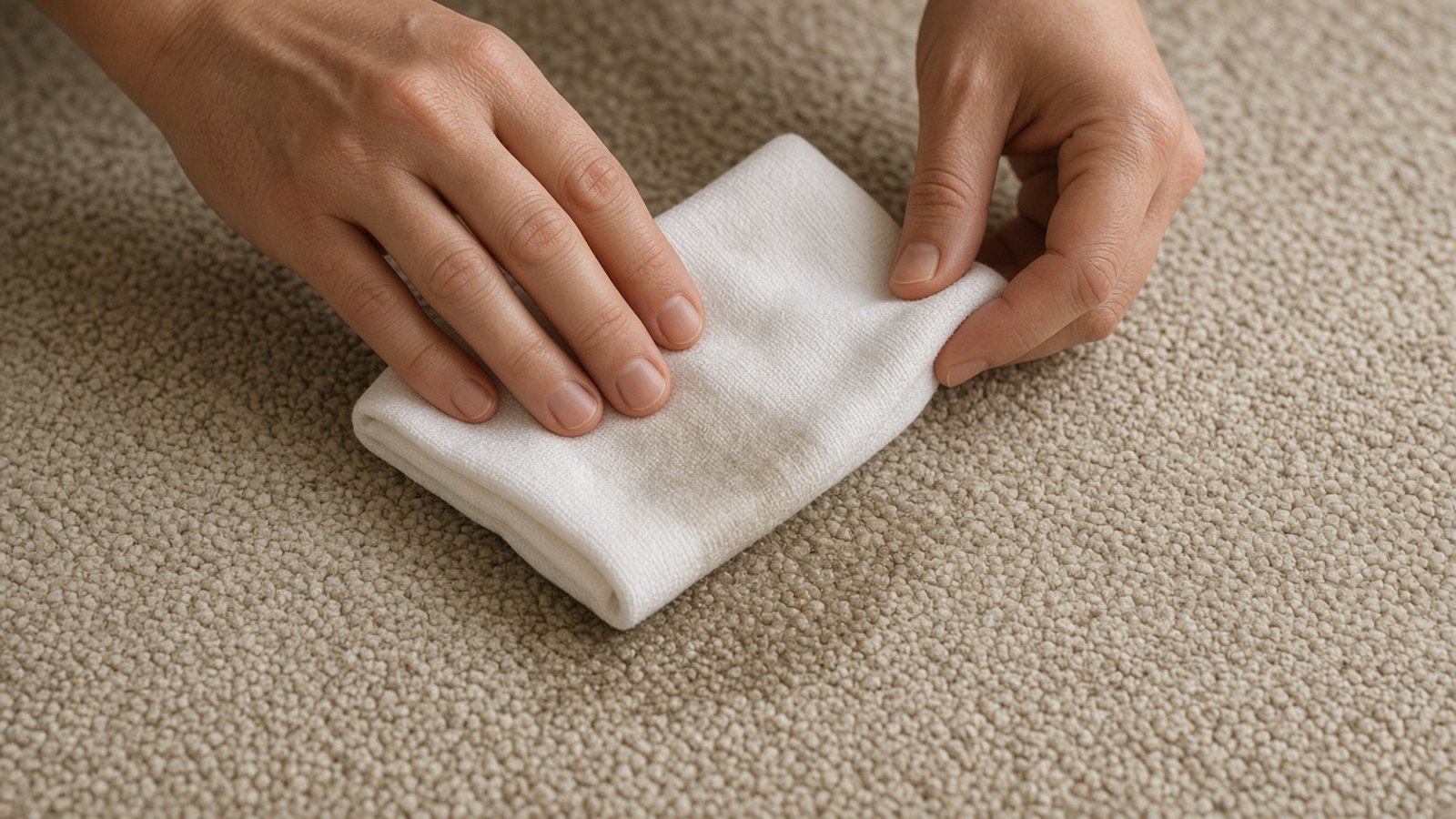 Hands blotting a spill on a beige wool carpet with a white cloth