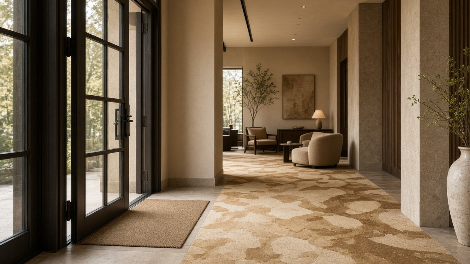 Building entrance with a walk-off mat leading onto a warm custom carpet