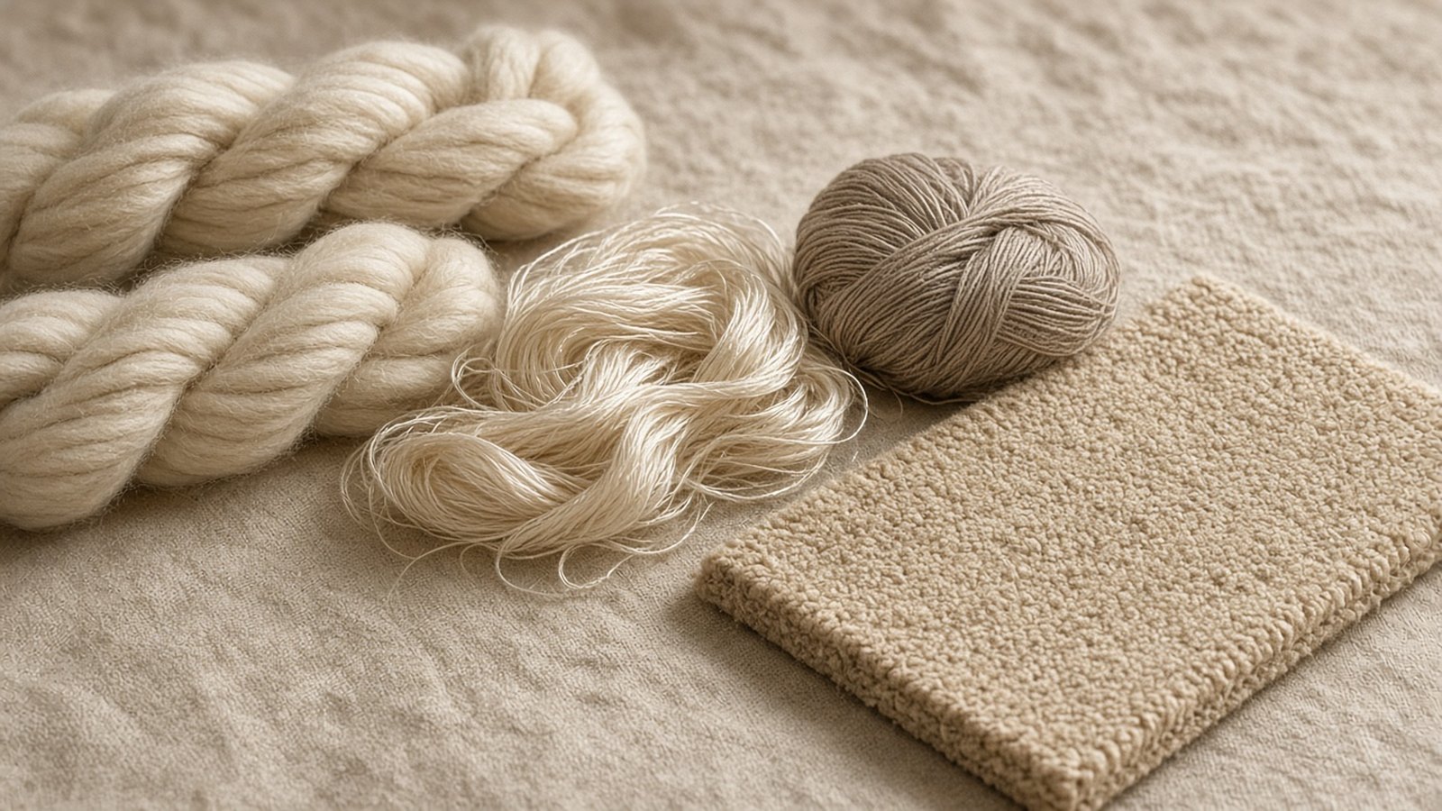 Wool, silk and carpet yarn samples arranged with a hand-tufted swatch
