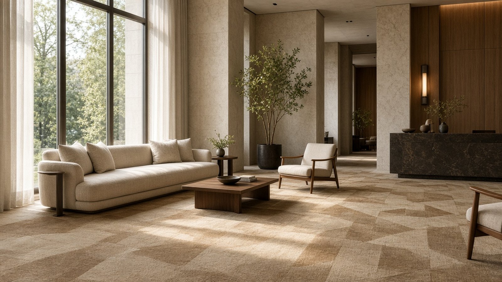 Luxury hotel lobby with a large custom geometric carpet in warm neutral tones
