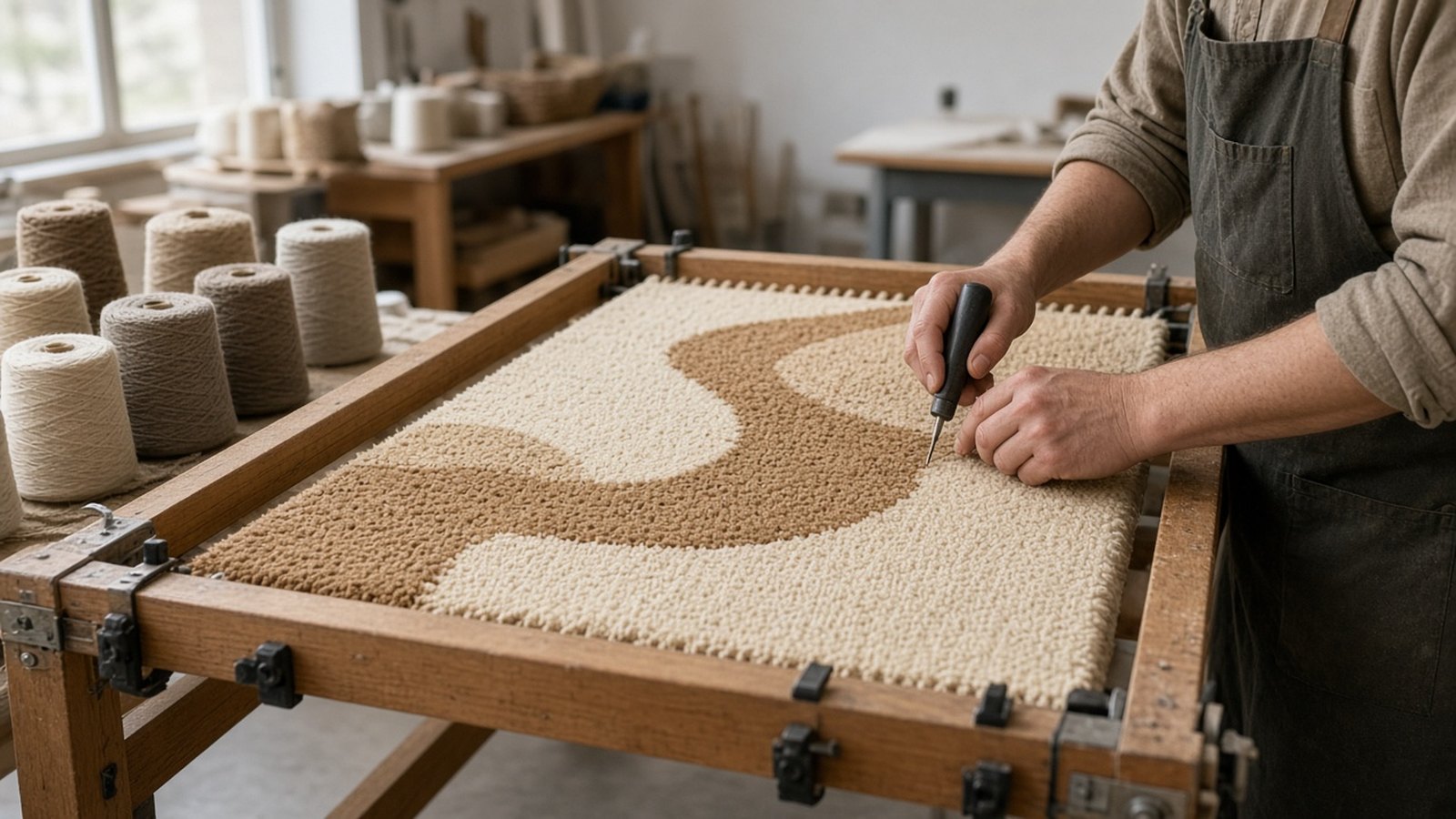 Artisan hand-tufting a wool carpet on a wooden frame in a workshop