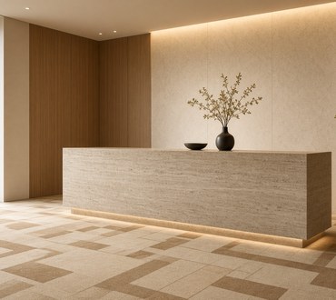 Boutique reception with a custom geometric carpet