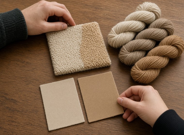 Reviewing a hand-tufted carpet sample and yarn before production