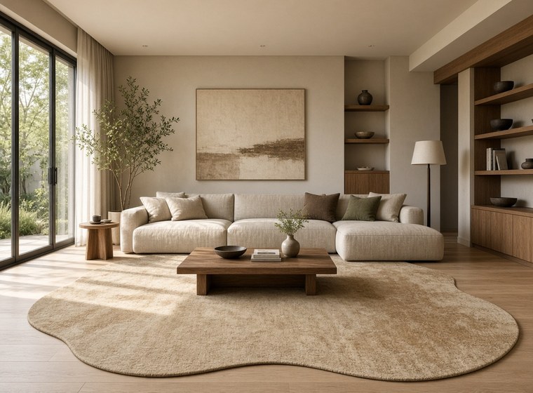 Villas & High-end Residences Organic shaped bespoke rug in a contemporary villa living room